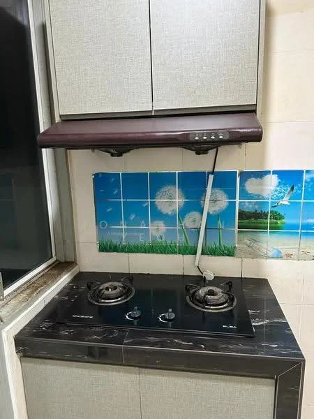 Kitchen features: grey cabinetry, black marble countertop, built-in gas stove with two burners, extraction hood, blue and green tile backsplash with floral and landscape design, wall-mounted storage, window for natural light; style: modern.