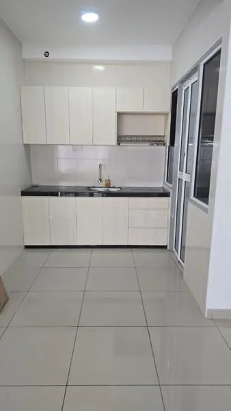 Kitchen features: white laminate cabinetry, black granite countertop, single-bowl stainless-steel sink, chrome pull-down faucet, ceramic tile flooring, white tiled backsplash, built-in upper cabinets, under-cabinet lighting, floor-to-ceiling windows, sliding glass door; style: modern.