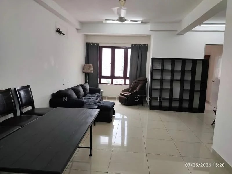 Living features: 3-seater fabric sofa in dark grey, single recliner chair, black dining table with 4 chairs, tile flooring, ceiling fan, large window with city view, curtains in dark grey, open layout, built-in shelving unit, white painted walls, recessed lighting; style: modern; view: city.