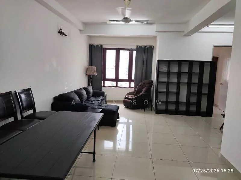 Living features: 3-seater fabric sofa in black, single armchair in brown, black dining table with four chairs, floor-to-ceiling window, grey curtains, white painted walls, glossy tile flooring, ceiling fan, bookshelf unit, decorative wall light; style: modern; view: city.