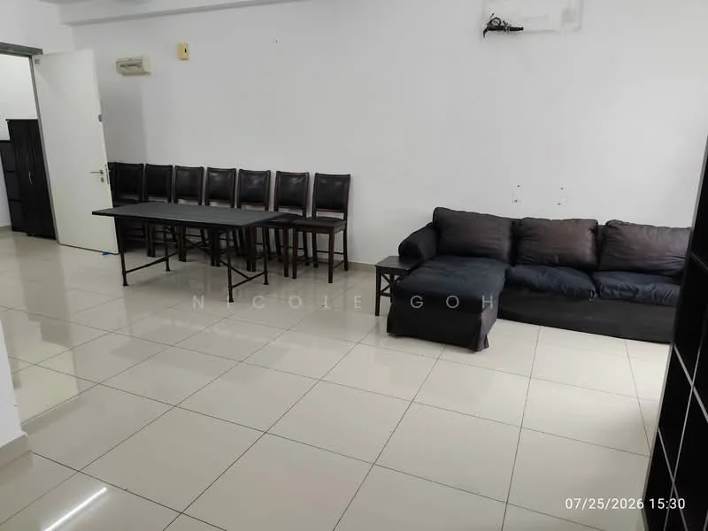 Living features: white painted walls, glossy ceramic tile flooring, sofa in dark fabric, dining table with chairs, air conditioning unit, wall-mounted TV, open layout, neutral decor; style: modern.