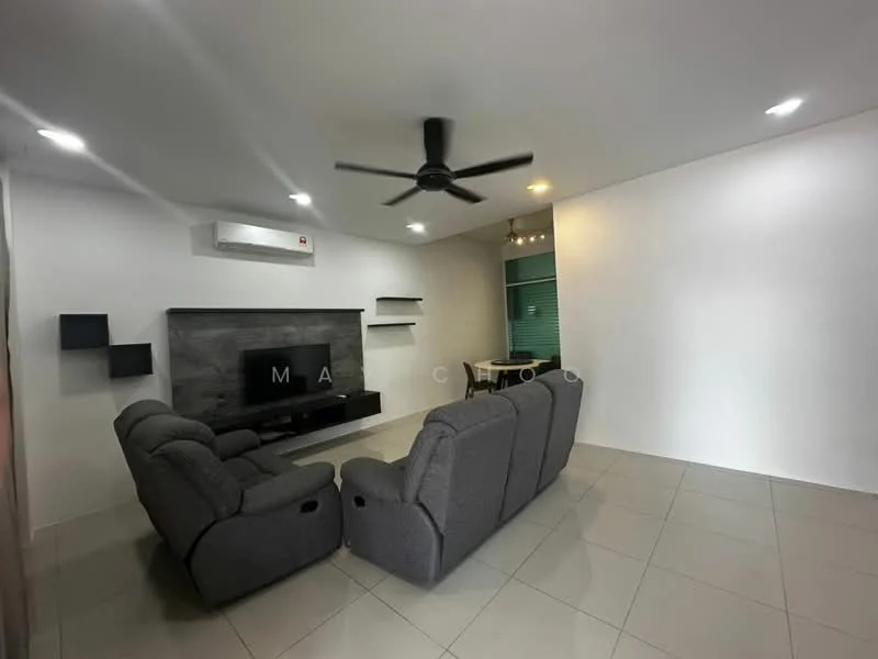 Living features: grey fabric recliner sofa, wall-mounted TV, black TV console, grey accent wall, white painted walls, recessed LED downlights, ceiling fan, large floor tiles, open layout, shelving unit; style: modern.