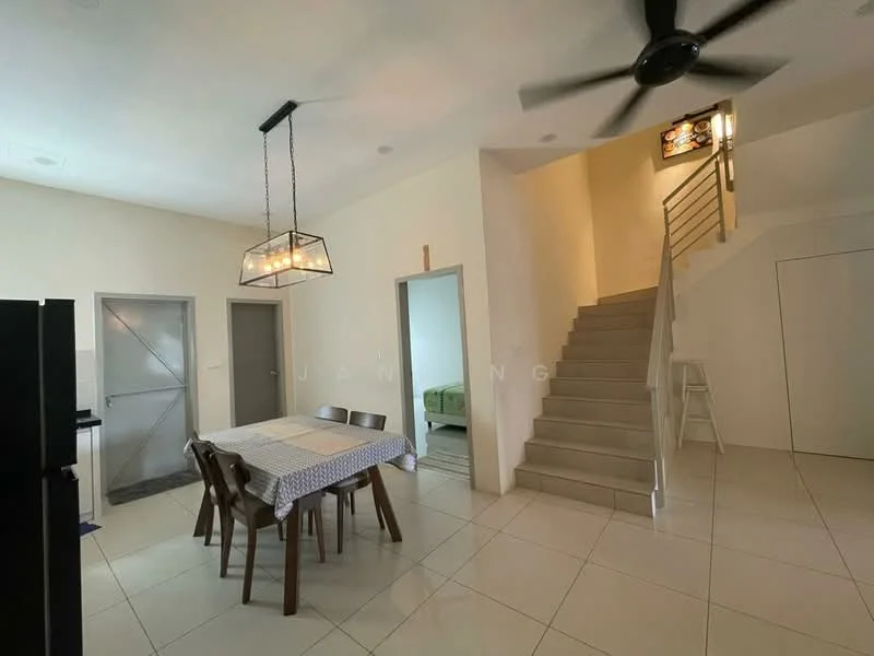 Dining features: rectangular dining table with 6 chairs, pendant light fixture above table, white walls, tile flooring, ceiling fan, open layout to living area, staircase visible in background, doorway leading to kitchen, doorway leading to hallway; style: modern. Room features: staircase with handrail, doorway leading to another room.