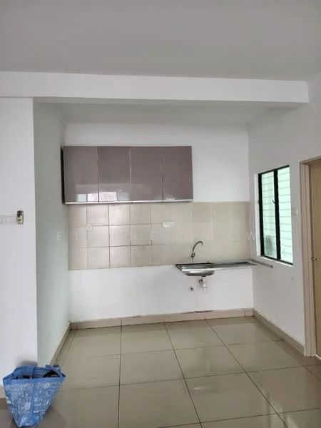 Kitchen features: light grey upper cabinets, white tiled backsplash, single-bowl stainless-steel sink, chrome faucet, cream-colored wall tiles, beige floor tiles, window with black frame, open layout; style: modern.