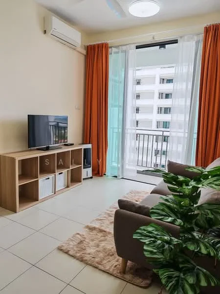 Living features: light beige painted walls, cream tiled flooring, 5-blade ceiling fan with light, floor-to-ceiling sliding glass door, sheer curtains, orange curtain drapes, TV console with open shelving, wall-mounted TV, 2-seater fabric sofa in grey, area rug with geometric pattern, decorative houseplant; style: modern; view: city.