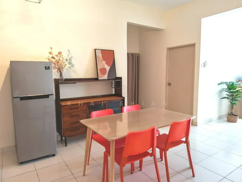 Dining features: rectangular dining table with light wood top, 4 red plastic dining chairs, stainless-steel fridge, wooden sideboard with drawers, decorative vase with flowers on sideboard, white tiled flooring, cream painted walls, curtain rod with curtain, indoor plant in ceramic pot; style: modern.