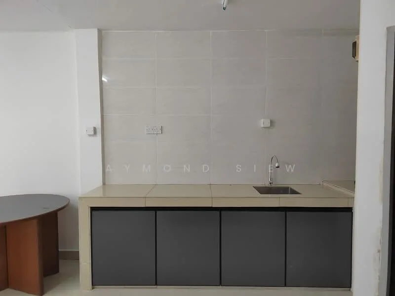 Kitchen features: light grey tiled walls, cream countertop, grey cabinetry with flat-panel doors, single-bowl stainless-steel sink, chrome faucet, open shelving above countertop, floor tiles, recessed lighting; style: modern.