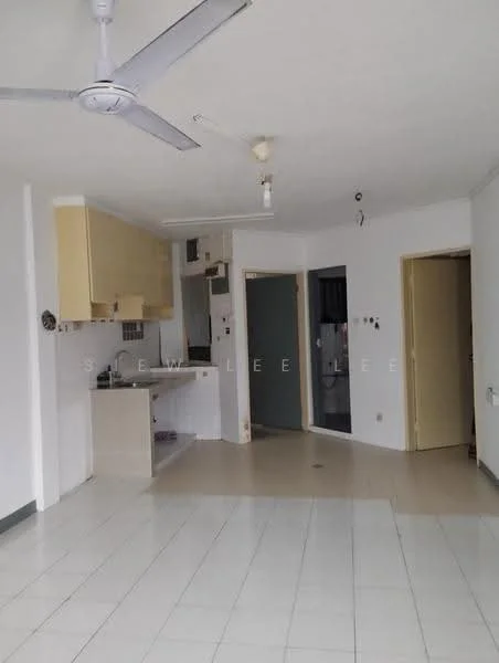 Living features: white painted walls, tile flooring, 5-blade ceiling fan, kitchenette with beige cabinets, single-bowl stainless-steel sink, built-in countertop, doorway leading to bathroom, doorway leading to bedroom, recessed lighting, open layout; style: modern.