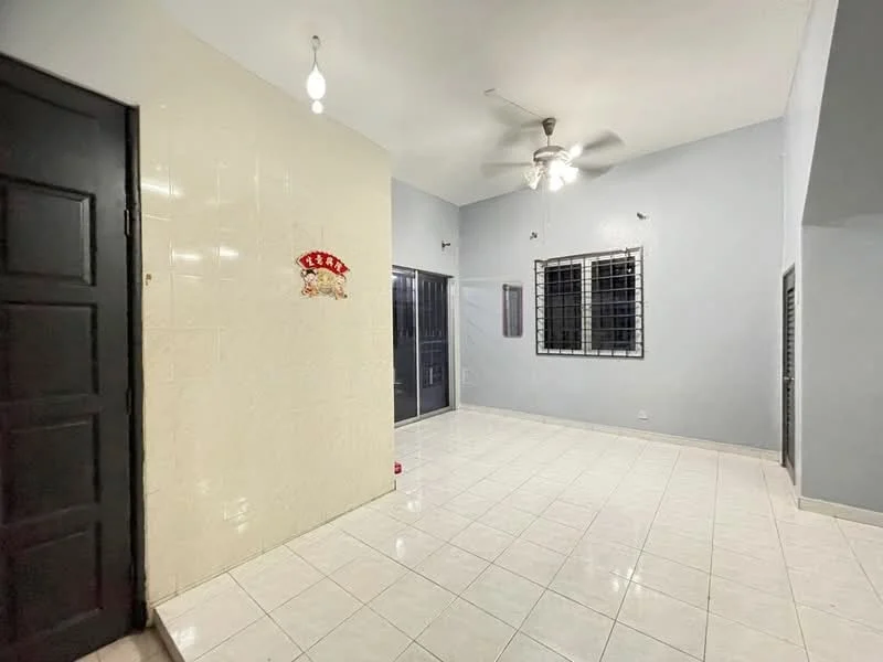 Room features: white tiled flooring, light grey painted walls, black front door, ceiling fan with light, multiple windows with metal grilles, recessed lighting, glossy white wall tiles, open layout; style: modern.