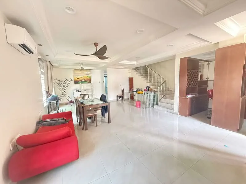 Living features: 5-blade ceiling fan with light, recessed downlights, cream painted walls, white tiled flooring, sofa in red, dining table with chairs, open layout, staircase, large windows, air conditioning unit; style: modern.