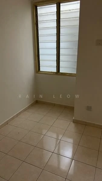 Room features: white painted walls, tile flooring, single window with horizontal slats, neutral color scheme, corner room.