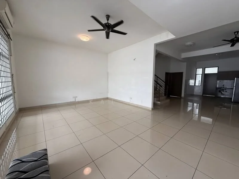 Living features: white painted walls, glossy ceramic tile flooring, 2 ceiling fans, large windows with security grille, recessed ceiling light, open layout, neutral color scheme, no visible furniture; style: modern.