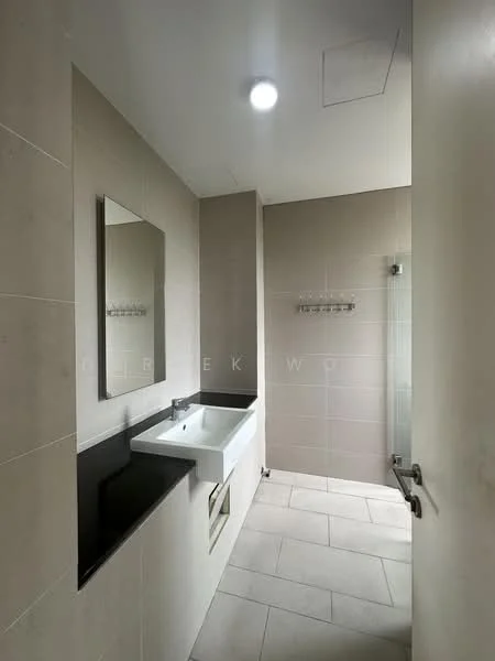 Bathroom features: single-sink vanity with white cabinet, black countertop, framed mirror, walk-in shower with glass enclosure, chrome wall-mounted showerhead, tile cladding on walls, ceramic tile flooring, recessed ceiling light; style: modern.