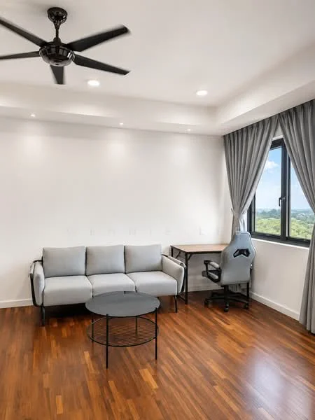 Living features: 3-seater fabric sofa in grey, round coffee table in black, desk with chair, ceiling fan with light, wooden flooring, floor-to-ceiling window, grey curtains, recessed downlights, white painted walls; style: modern; view: garden.