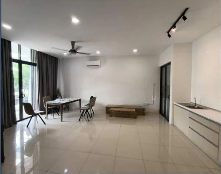 Living features: white painted walls, polished tile flooring, 5-blade ceiling fan with light, recessed LED downlights, floor-to-ceiling windows, sliding glass door, grey curtains, dining table with four chairs, wooden bench, kitchenette with countertop, air conditioning unit; style: modern; view: garden.