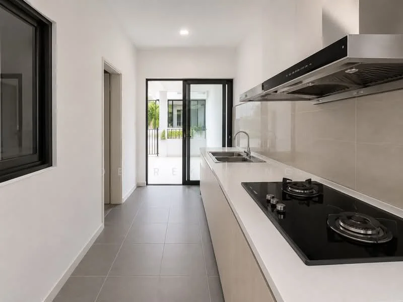 Kitchen features: white painted walls, grey tile flooring, single-bowl stainless-steel sink, chrome pull-down faucet, built-in oven, 4-burner gas hob, stainless-steel range hood, sliding glass door, floor-to-ceiling windows, kitchen cabinetry in light wood, countertop in light stone, recessed downlights; style: modern; view: garden.