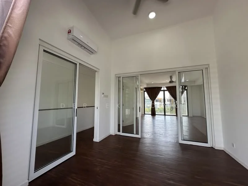 Room features: wooden flooring, white painted walls, sliding glass doors, floor-to-ceiling windows, 5-blade ceiling fan, wall-mounted split AC, curtains, natural light from windows; style: modern; view: garden.