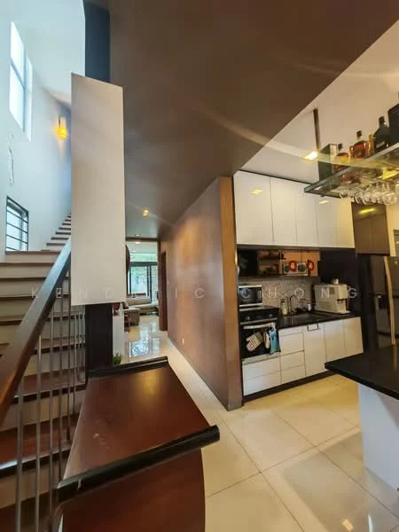 Kitchen features: white cabinetry, black countertop, stainless-steel sink, built-in oven, freestanding range oven, microwave, glass shelving, bar stools, tile flooring, recessed lighting; style: modern. Living features: open layout, large windows, wooden staircase, neutral wall color, tile flooring, decorative wall paneling; style: modern.