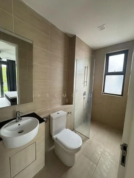 Bathroom features: single-sink vanity with built-in cabinet, chrome basin mixer faucet, framed mirror, one-piece toilet, walk-in shower with glass enclosure, rain shower head, tile cladding on walls, ceramic tile flooring, window for natural light, neutral color scheme; style: modern.
