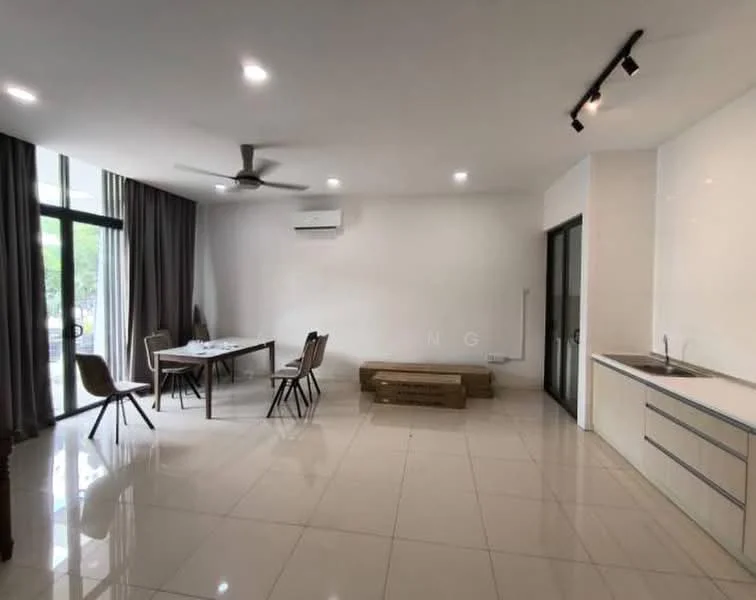 Living features: white painted walls, polished ceramic tile flooring, 5-blade ceiling fan with light, recessed LED downlights, floor-to-ceiling windows, sliding glass door, grey curtains, dining table with chairs, kitchenette with countertop, built-in cabinetry; style: modern; view: garden.
