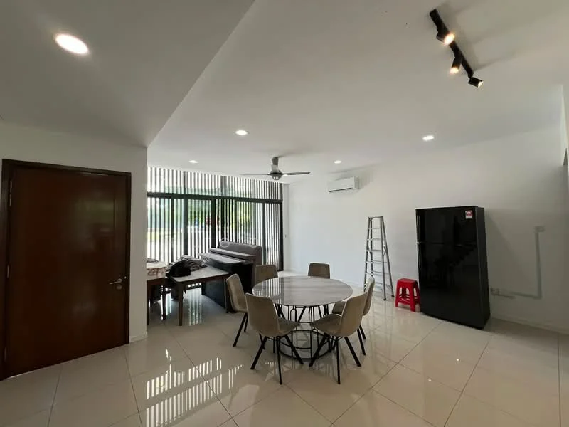 Dining features: round dining table, 6 upholstered dining chairs, white walls, recessed downlights, 5-blade ceiling fan, floor-to-ceiling windows, sliding glass door, white tiled flooring, black fridge, wooden dining table, ladder, sofa, air conditioning unit; style: modern; view: garden.