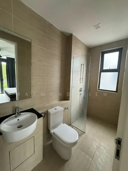 Bathroom features: single-sink vanity with built-in cabinet, chrome basin mixer faucet, framed mirror, one-piece toilet, walk-in shower with glass enclosure, rain shower head, tile cladding on walls, ceramic tile flooring, window for natural light, exhaust fan, neutral colour scheme; style: modern.