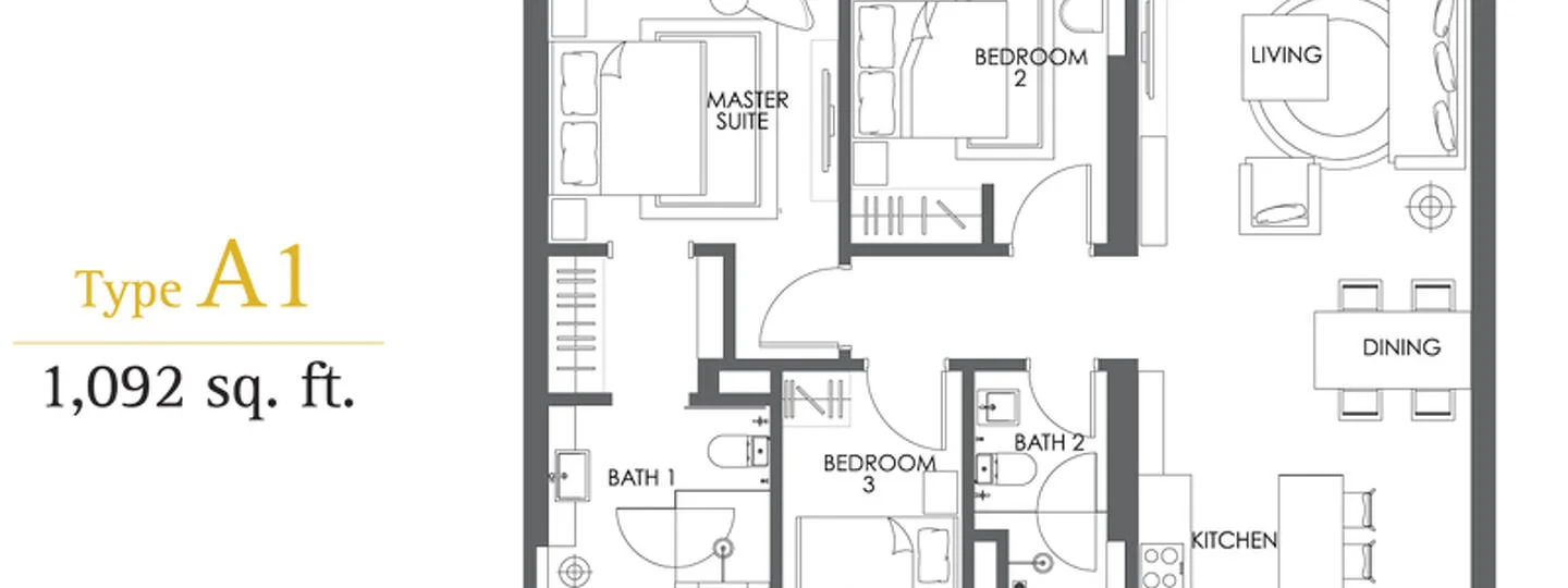 Floor plan: 3-bedroom 2-bathroom unit; features: open-plan kitchen-dining-living, master bedroom with ensuite bathroom, bedroom 2 with shared bathroom, bedroom 3, utility room, central foyer, 1 car porch, 1,092 sq. ft built-up.