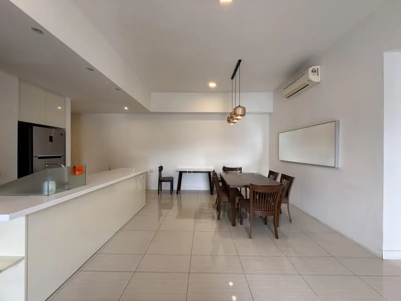 Kitchen features: white cabinetry, stainless-steel fridge, built-in oven, 4-burner gas hob, white countertop, pendant lighting, wall-mounted split AC, tile flooring; style: modern. Dining features: 6-seater wooden dining table, wooden dining chairs, pendant lights above table, mirror on wall, tile flooring; style: modern.
