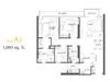 Floor plan: 3-bedroom 2-bathroom unit; features: open-plan kitchen-dining-living, master bedroom with ensuite bathroom, bedroom 2 with shared bathroom, utility room, balcony off living room, central foyer, 1 car porch.