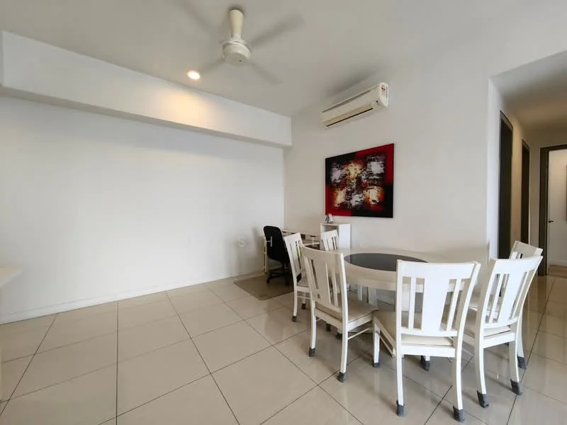 Dining features: white walls, tile flooring, 5-blade ceiling fan, round dining table, 6 white dining chairs, air conditioning unit, framed artwork on wall, carpeted area under chair, light fixture on ceiling; style: modern.