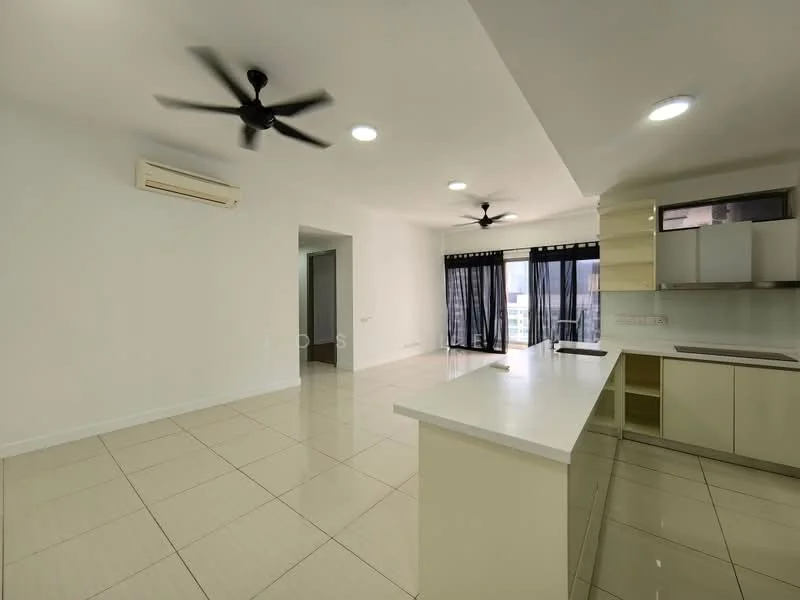 Kitchen features: white cabinetry, stainless-steel sink, chrome pull-down faucet, white countertop, built-in oven, freestanding range oven, ceramic tile flooring, recessed downlights, 2 ceiling fans, floor-to-ceiling windows with black curtains, open layout, air conditioning unit; style: modern; view: city. Living features: ceramic tile flooring, 2 ceiling fans, recessed downlights, floor-to-ceiling windows with black curtains, open layout, air conditioning unit; style: modern; view: city.