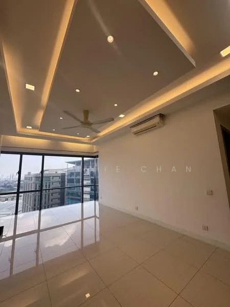 Living features: white painted walls, glossy tile flooring, tray ceiling with recessed lighting, 5-blade ceiling fan with light, floor-to-ceiling windows, city view, wall-mounted split AC, LED strip lighting; style: modern; view: city.