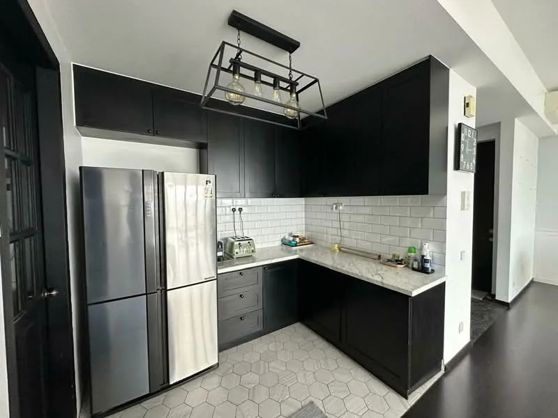 Kitchen features: black cabinetry, marble countertop, white subway tile backsplash, stainless-steel fridge, built-in oven, ceramic cooktop, hexagonal tile flooring, 3-bulb pendant light, double-bowl stainless-steel sink, chrome pull-down faucet, wall-mounted electrical outlets, open shelving, kitchen appliances, window with view; style: modern.