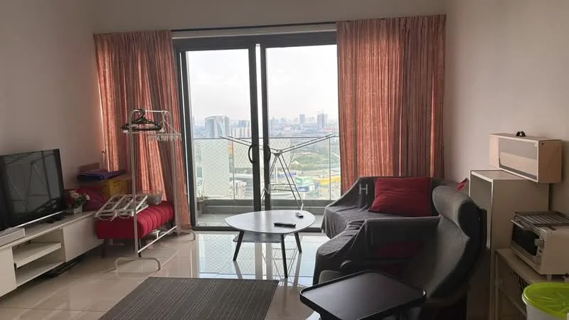 Living features: floor-to-ceiling windows, grey fabric sofa, red daybed, black coffee table, TV console, wall-mounted TV, curtains in light orange, polished tile flooring, area rug with geometric pattern; style: modern; view: city.