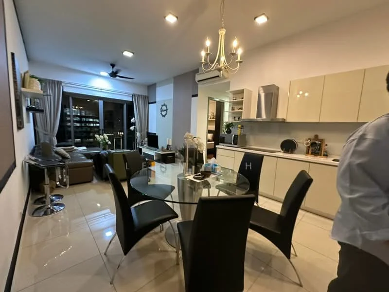 Dining features: round glass dining table, black dining chairs, chandelier, white cabinetry, stainless-steel appliances, kitchen island, recessed downlights, cream tiled flooring, floor-to-ceiling windows, curtains, sofa in living area visible, open layout; style: modern; view: city.