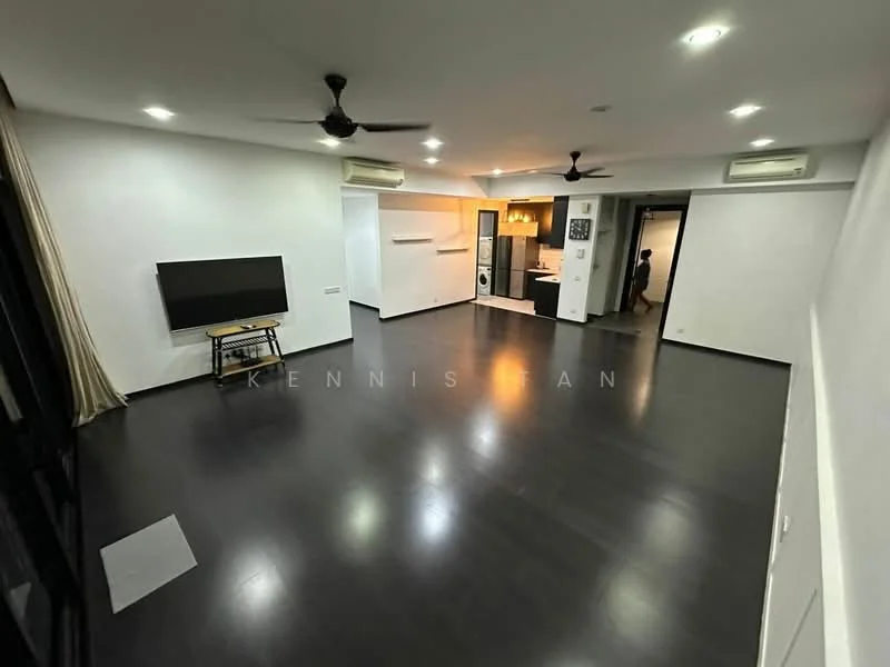 Living features: dark wood flooring, white painted walls, recessed downlights, 2 ceiling fans, wall-mounted TV, large windows with sheer curtains, open layout, kitchen area visible in background, air conditioning unit; style: modern.
