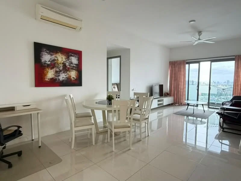Living features: white painted walls, glossy tile flooring, 5-blade ceiling fan with light, floor-to-ceiling windows, sliding glass door, curtains, wall-mounted TV, TV console, coffee table, area rug with geometric pattern, decorative artwork, dining table with 4 chairs, study desk with chair; style: modern; view: city.
