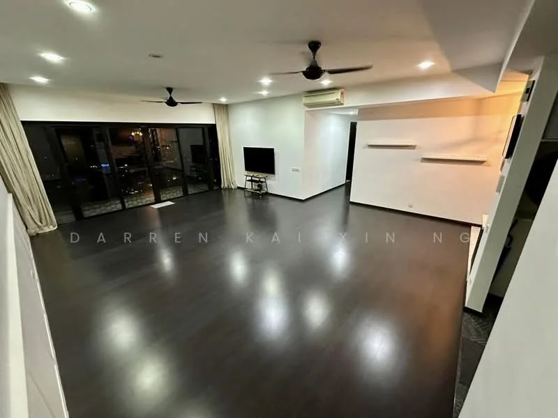 Living features: dark wood flooring, floor-to-ceiling windows, sliding glass door, 2 ceiling fans, wall-mounted TV, recessed LED downlights, light-colored walls, curtains, open layout, built-in shelves; style: modern; view: city.