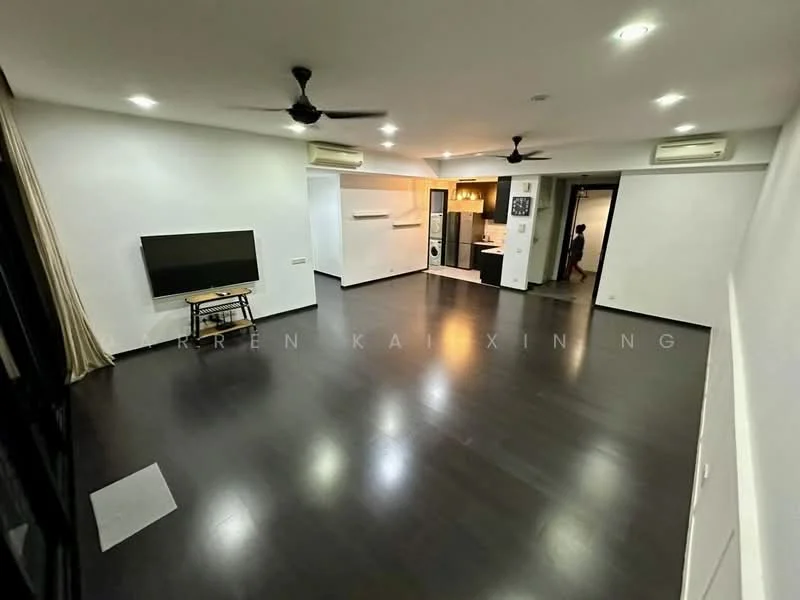 Living features: dark wood flooring, white painted walls, 2 ceiling fans, wall-mounted TV, recessed downlights, large windows with sheer curtains, open layout to kitchen, air conditioning unit; style: modern.