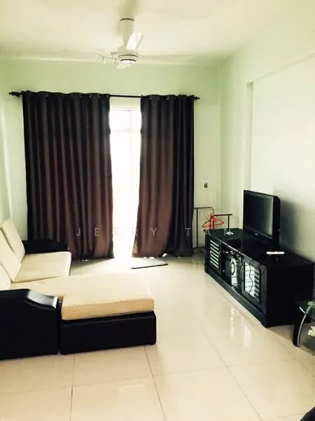 Living features: light-coloured walls, glossy tile flooring, 5-blade ceiling fan, sofa with chaise lounge, TV console, wall-mounted TV, floor-to-ceiling windows, blackout curtains; style: modern.