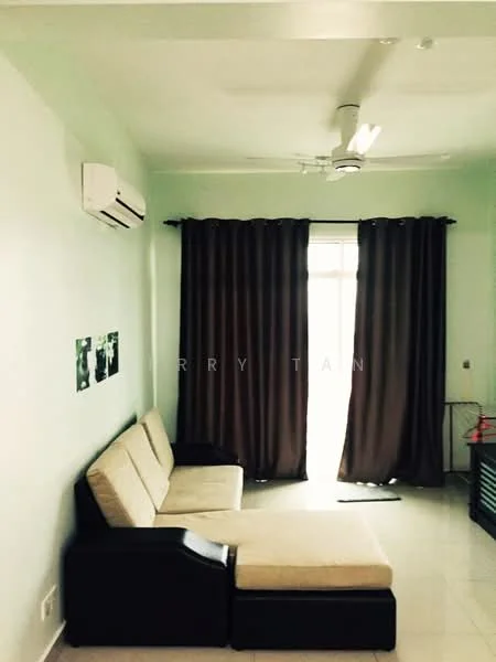Living features: 3-seater fabric sofa in beige, ceiling fan, wall-mounted split AC, floor-to-ceiling windows, dark brown curtains, light green painted walls, tile flooring, TV console, decorative wall art; style: modern.