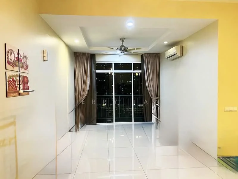 Living features: white painted walls, tray ceiling, recessed downlights, 5-blade ceiling fan with light, floor-to-ceiling windows, sliding glass door, cream curtains, glossy tile flooring, air conditioning unit; style: modern; view: city.