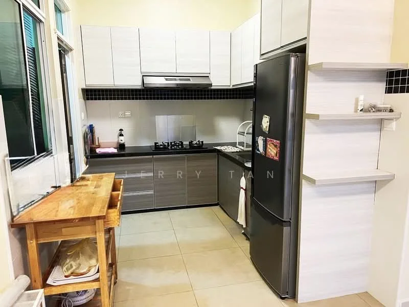 Kitchen features: grey cabinetry, white upper cabinets, black countertop, stainless-steel sink, chrome pull-down faucet, 4-burner gas hob, built-in oven, stainless-steel refrigerator, tile backsplash, ceramic tile flooring, window with green view, wooden kitchen island, open shelving, wall-mounted range hood; style: modern; view: garden.