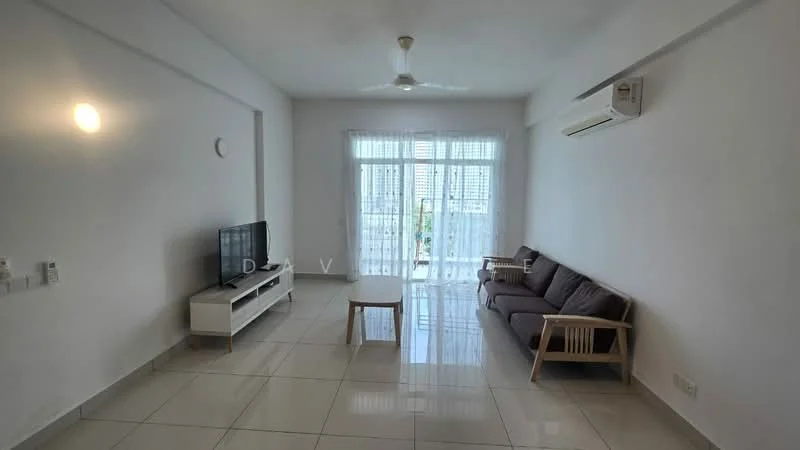 Living features: white painted walls, glossy tile flooring, 5-blade ceiling fan with light, wall-mounted TV, white TV console, sofa in grey, coffee table, floor-to-ceiling windows, sheer curtains, wall-mounted split AC; style: modern; view: city.