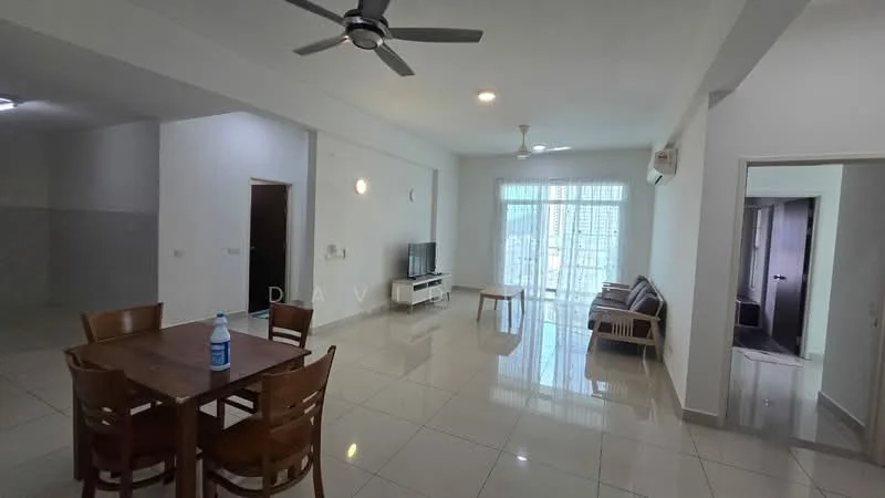 Living features: white painted walls, glossy tile flooring, 5-blade ceiling fan, recessed downlights, large sliding glass door, sheer curtains, TV console, coffee table, sofa, dining table with 4 chairs; style: modern; view: city. Room features: white painted walls, glossy tile flooring, 5-blade ceiling fan.