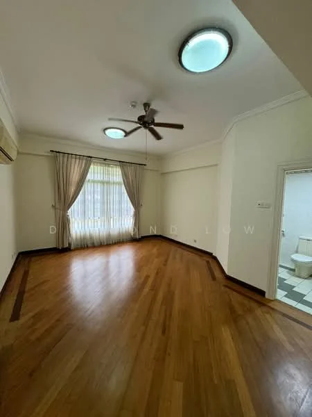 Living features: wooden flooring, white painted walls, recessed ceiling lights, 5-blade ceiling fan, floor-to-ceiling windows, sheer curtains, air conditioning unit, doorway to bathroom.