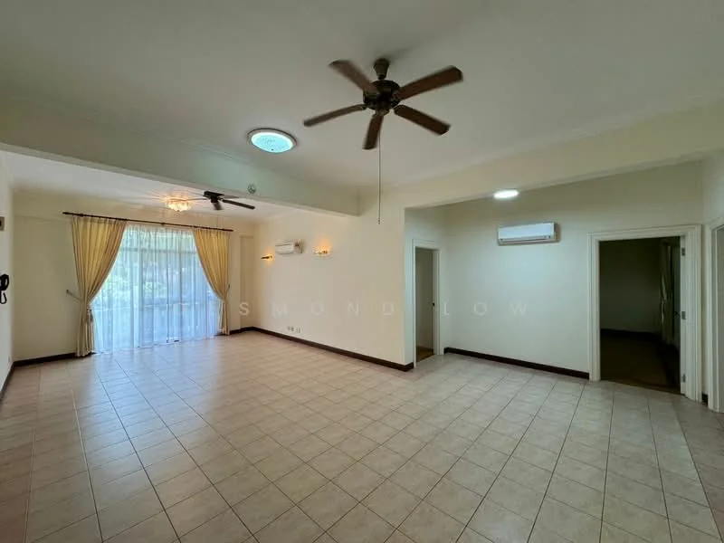 Living features: cream painted walls, tile flooring, 5-blade ceiling fan, recessed downlights, floor-to-ceiling windows, sheer curtains, sliding glass door, wall-mounted air conditioning unit, decorative ceiling rose, double-volume ceiling, open layout, natural light; style: modern; view: garden.