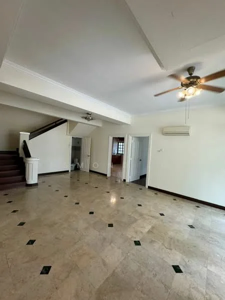 Living features: marble flooring, white painted walls, tray ceiling, 5-blade ceiling fan with light, wall-mounted split AC, staircase with wooden railing, doorway leading to other rooms, decorative columns; style: modern.