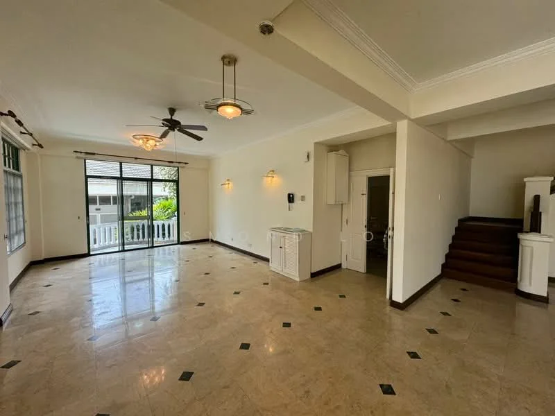 Living features: marble tile flooring, white painted walls, crown moulding, 5-blade ceiling fan with light, 2 pendant lights, floor-to-ceiling windows, sliding glass door, door leading to staircase, built-in cabinet, decorative wall sconces; style: contemporary; view: garden.