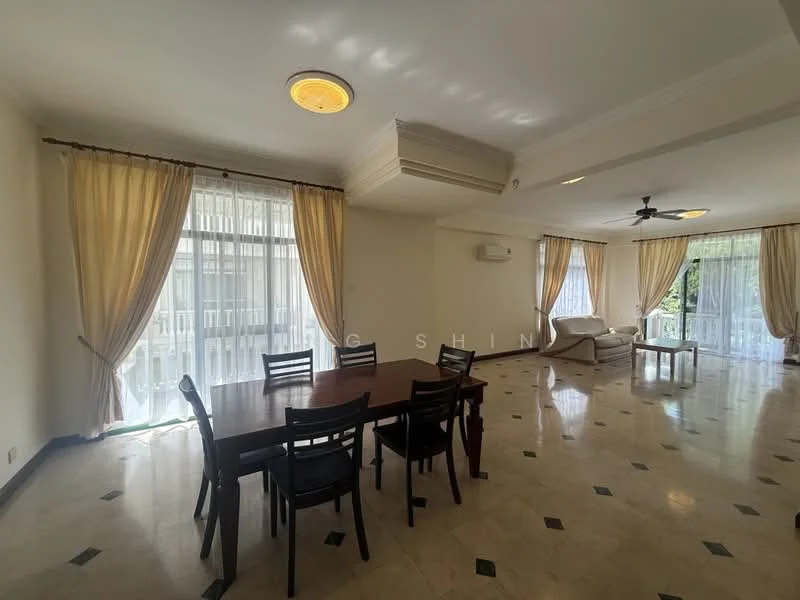 Dining features: dining table with 6 chairs, cream painted walls, marble flooring with green inlays, floor-to-ceiling windows, sheer curtains, ceiling fan, recessed downlights, sofa in the corner, air conditioning unit; style: modern; view: garden.